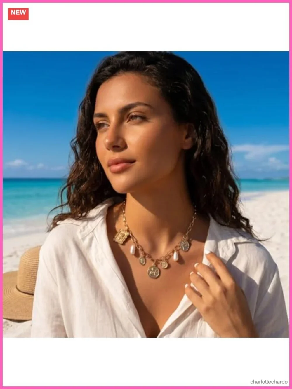 Gold Charm Necklace Beach Jewelry Women Shell Pearl Coin Paperclip Chain Boho